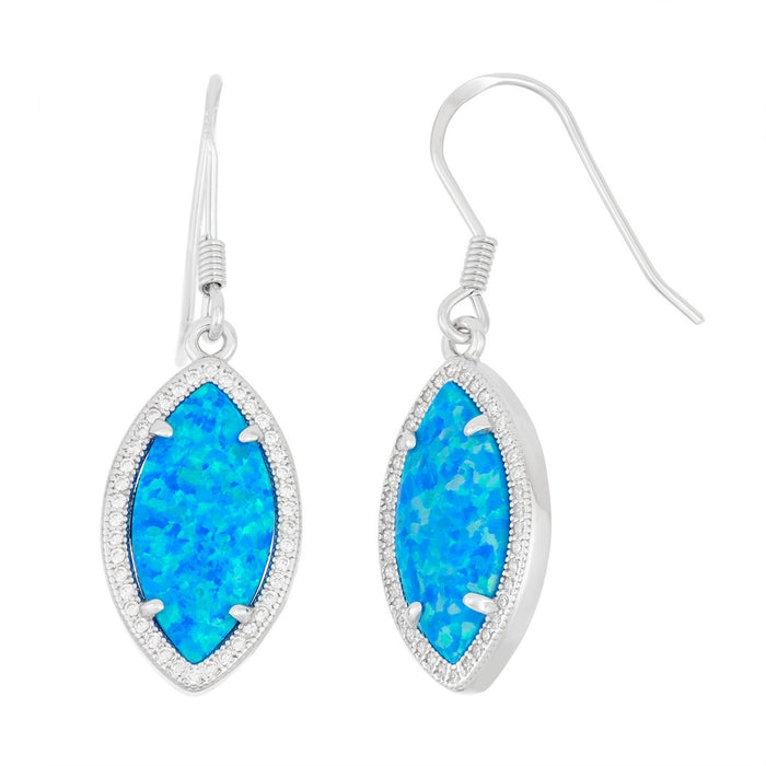 Sterling Silver Blue Inlay Opal Marquise with CZ Border Earrings