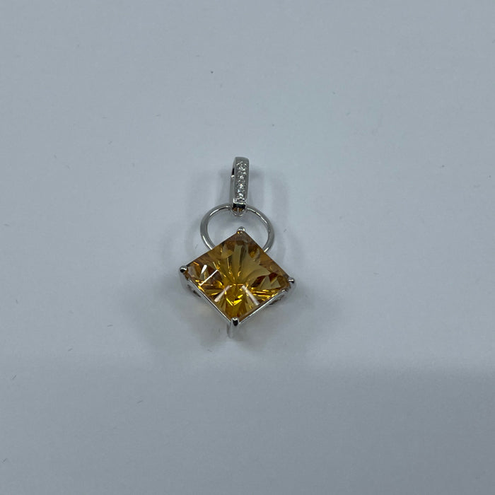 14KT White Gold Citrine Square Lens Cut/Diamond Pendant