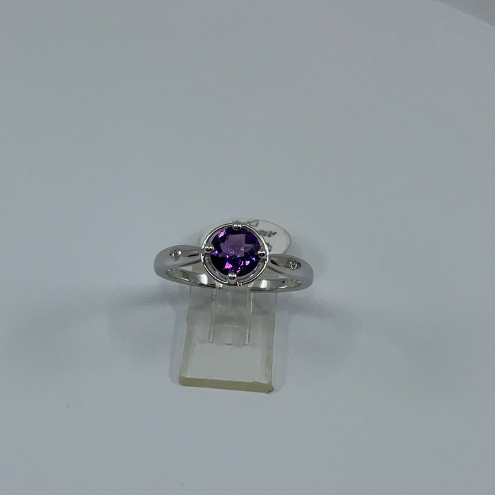 14kt White Gold checkerboard Amethyst and Diamond Ring