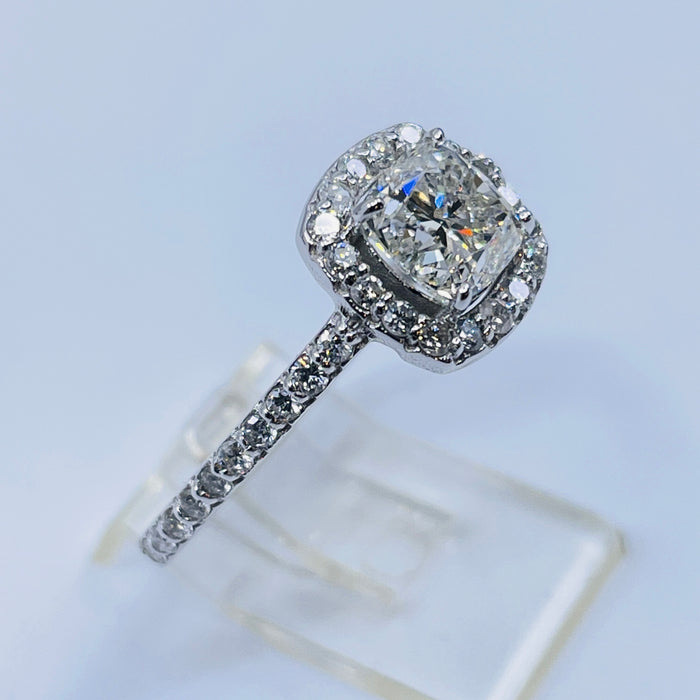 14kt White Gold 1.00ct K SI1 Cushion halo engagement ring