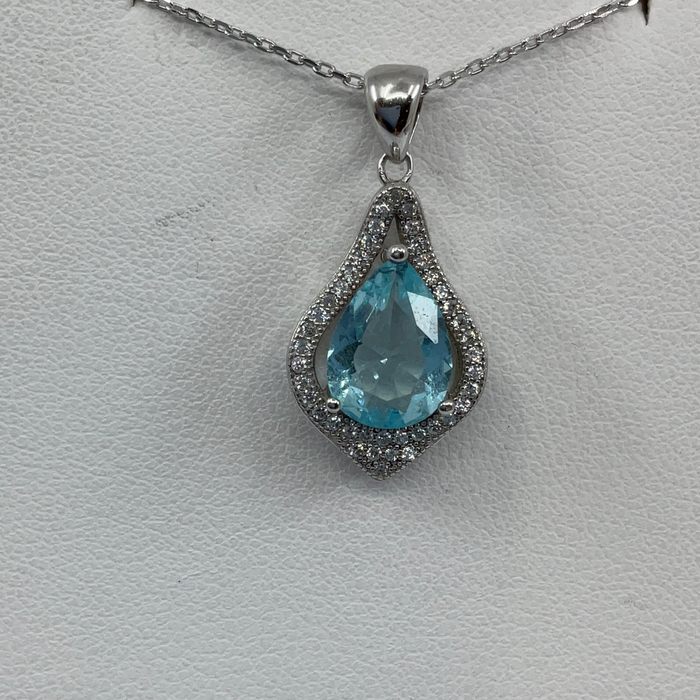 Sterling Silver Large Teardrop Simulated Blue Topaz with CZ Border Pendant