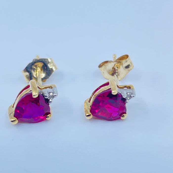 10kt Yellow Gold lab grown heart shaped Ruby earrings