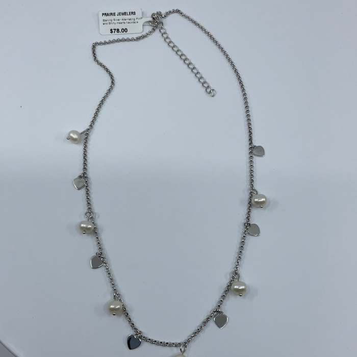 Sterling silver alternating fw Pearl & shiny hearts necklace