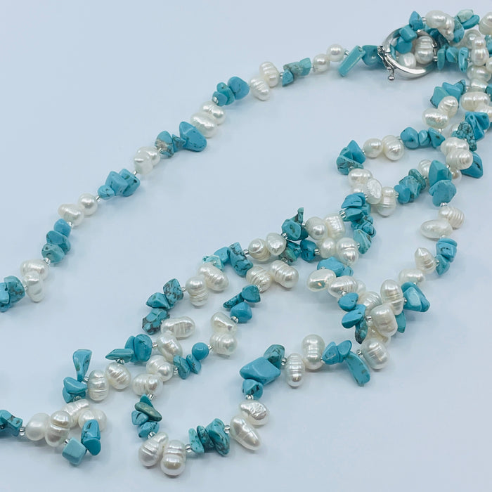 Sterling Silver 44” Turquoise and Pearl Necklace