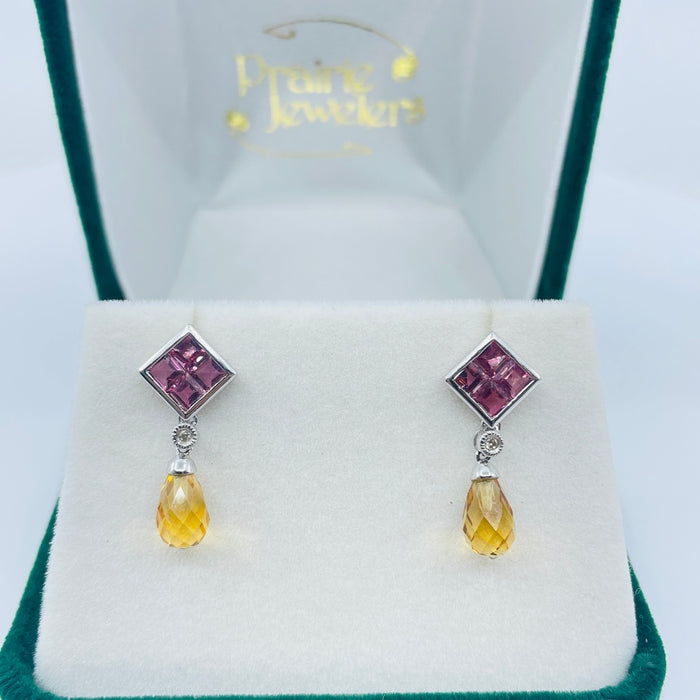14kt White Gold Pink Tourmaline and Citrine earrings