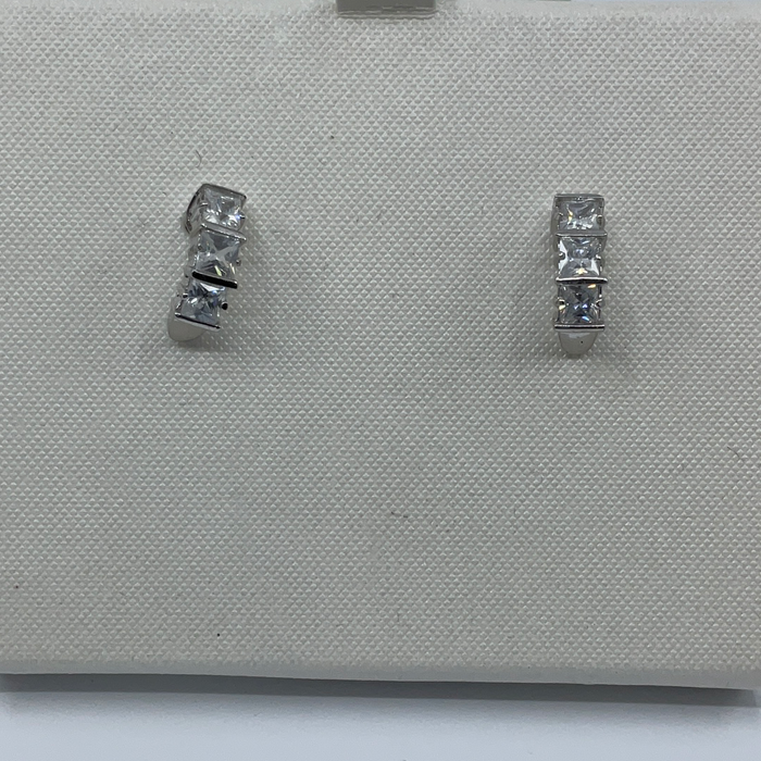 Rhodium Finish Three Stone Square Cubic Zirconia Earring