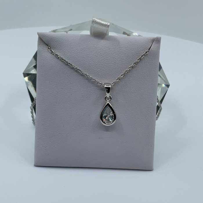 Rhodium finish April birthstone teardrop CZ pendant