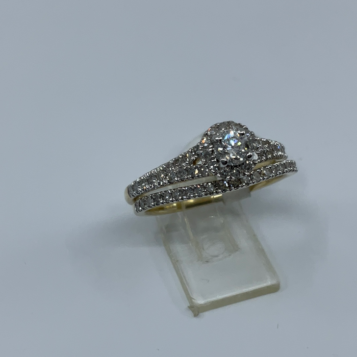 14kt Yellow gold diamond halo engagement and wedding band set