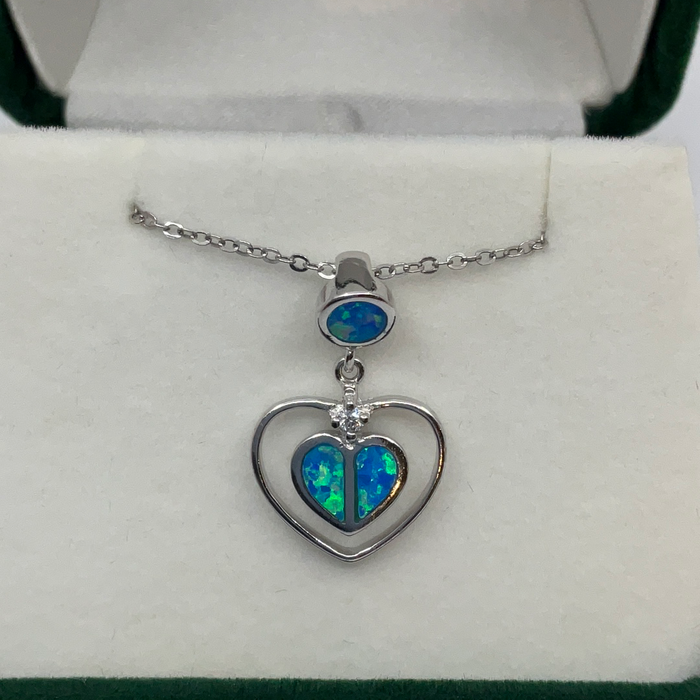 Sterling Silver Blue Inlay Opal Open Heart Pendant with a CZ