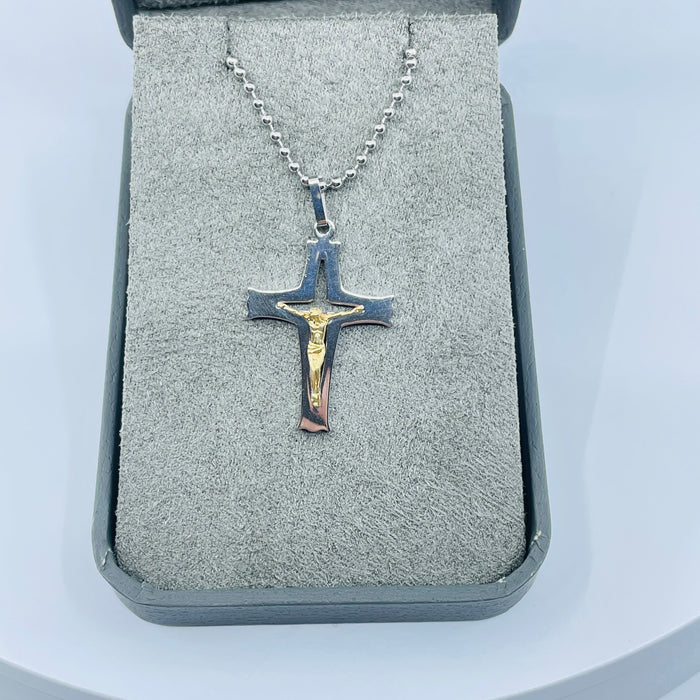Stainless steel and 14kt gold crucifix approx 1.5”