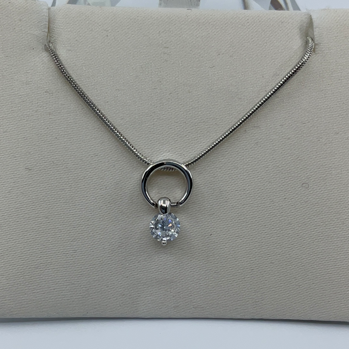 Rhodium Finish Round Pendant with Hanging Round Cubic Zirconia