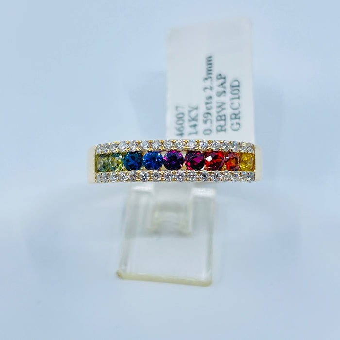 14kt Yellow Gold 2.3mm Rainbow Sapphire and Diamond Channel set Ring