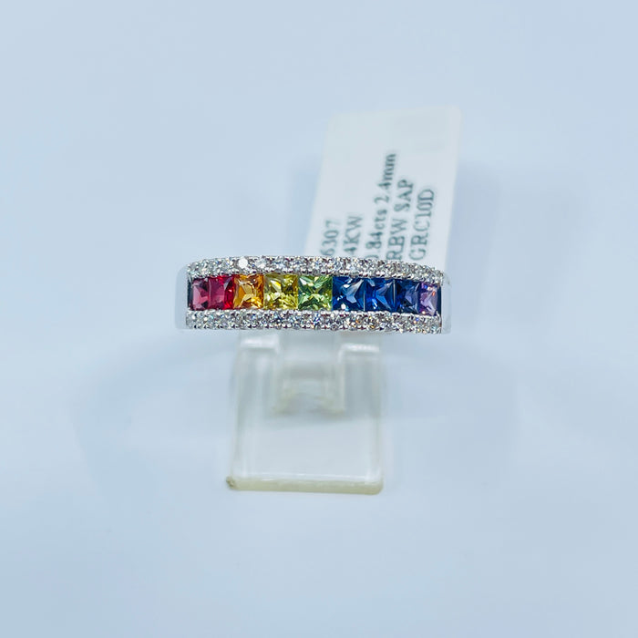 14kt White Gold channel set 2.4mm Princess Rainbow Sapphire Diamond Ring
