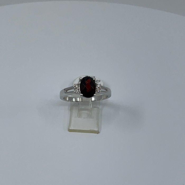 14kt White Gold Garnet and 2 Diamond Ring