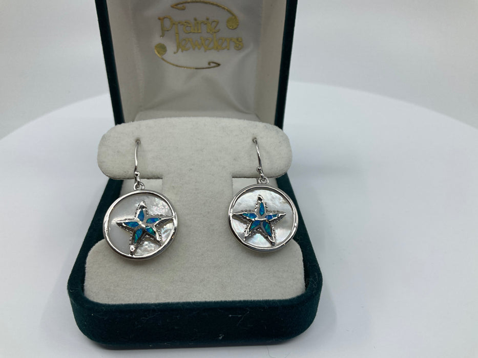 Sterling silver round mother of pearl with blue inlay opal starfish earrings