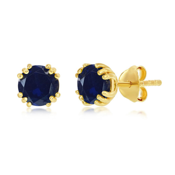 Sterling Silver 'September Birthstone' 6mm Round, Gold Plated Stud Earrings - Created Sapphire