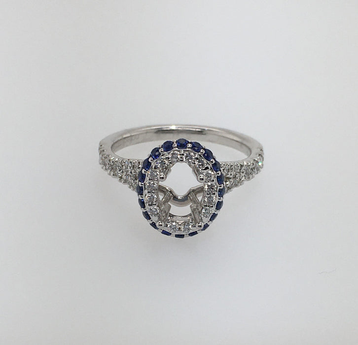 Double sided split shank halo mounting with diamonds and Sapphires