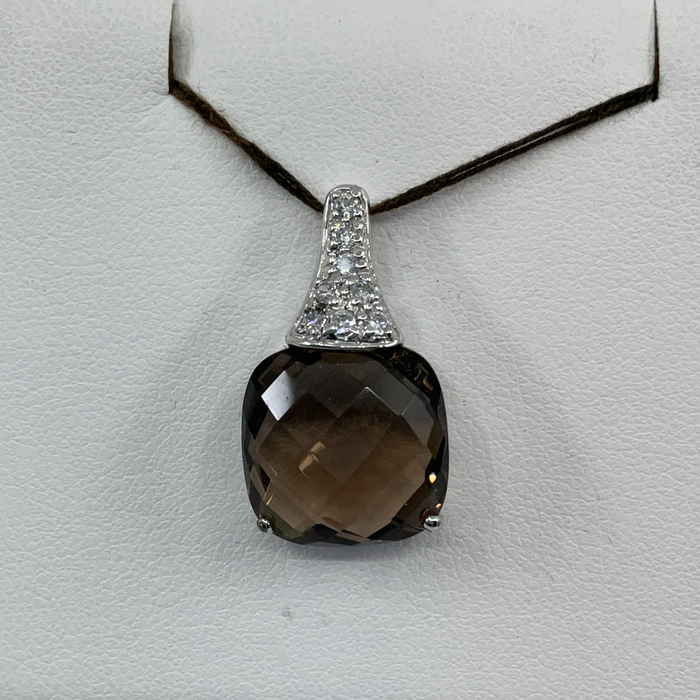 Sterling silver lens cut Smoky Quartz and CZ Pendant