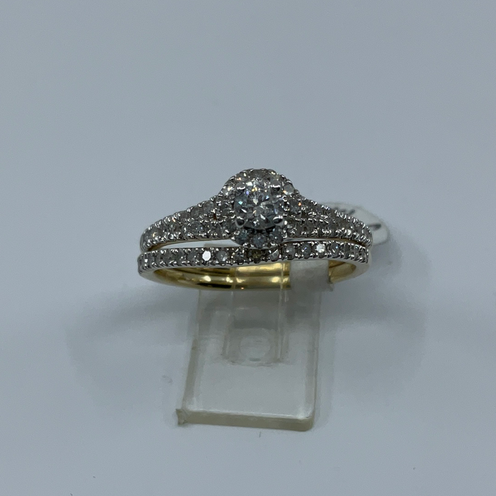 14kt Yellow gold diamond halo engagement and wedding band set