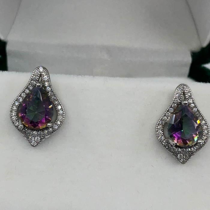 Sterling Silver Large Teardrop Simulated Rainbow with CZ Border Earrings