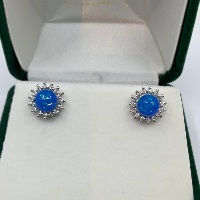 Sterling Silver Round Blue Opal with CZ Earrings