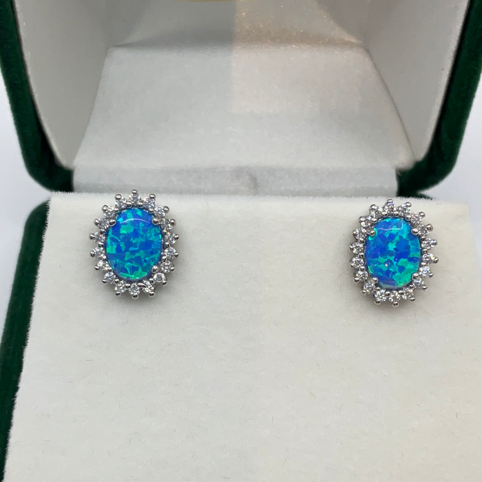 Sterling Silver Oval CZ with Center Blue Inlay Opal Earrings