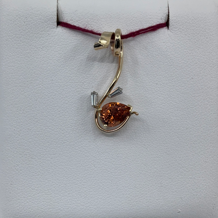 14kt Yellow Gold custom Spessartine Garnet and baguette diamond pendant