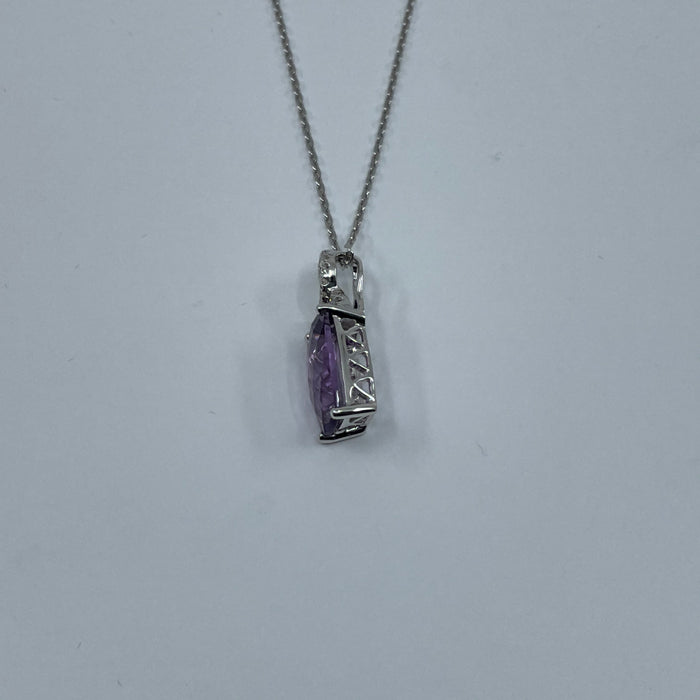 14KT White Gold Amethyst Rectangular Lens Cut Diamond Wishbone Weave Pendant