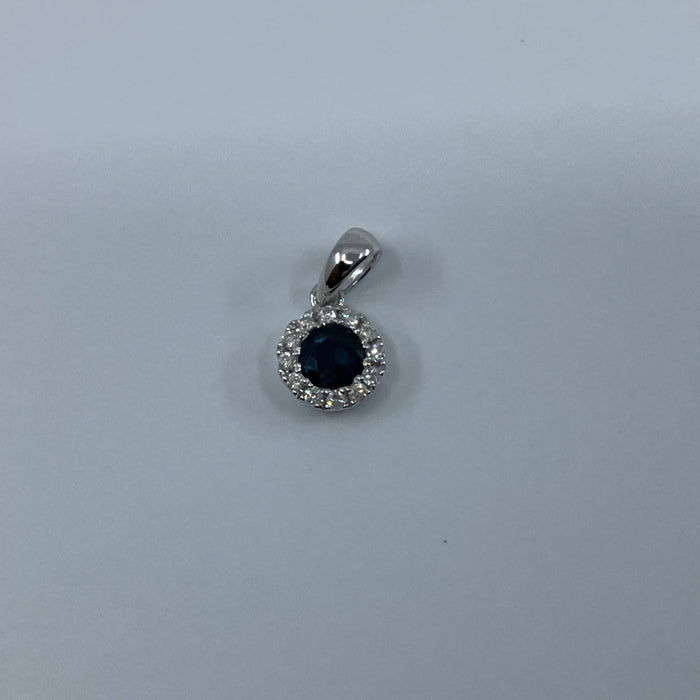 14kt White Gold sapphire and diamond halo pendant