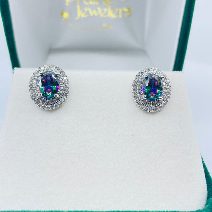 Sterling Silver simulated Rainbow topaz and CZ Earrings