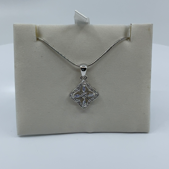 Rhodium Finish Filigree Pendant with Aquamarine Cubic Zirconia