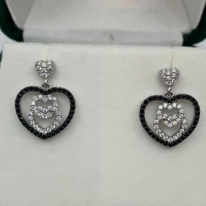 Sterling Silver Heart shaped black and white CZ Earrings