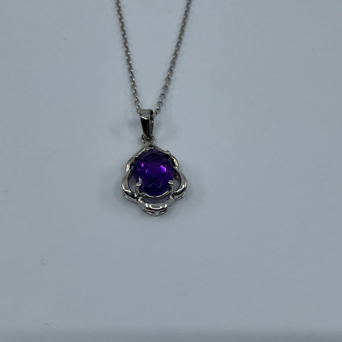 14KT White Gold Oval Amethyst/1 Diamond Pendant
