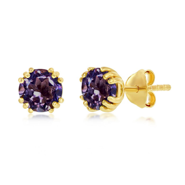 Sterling Silver 'October Birthstone' 6mm Round Gem, Gold Plated Stud Earrings- Pink Amethyst (2cttw)