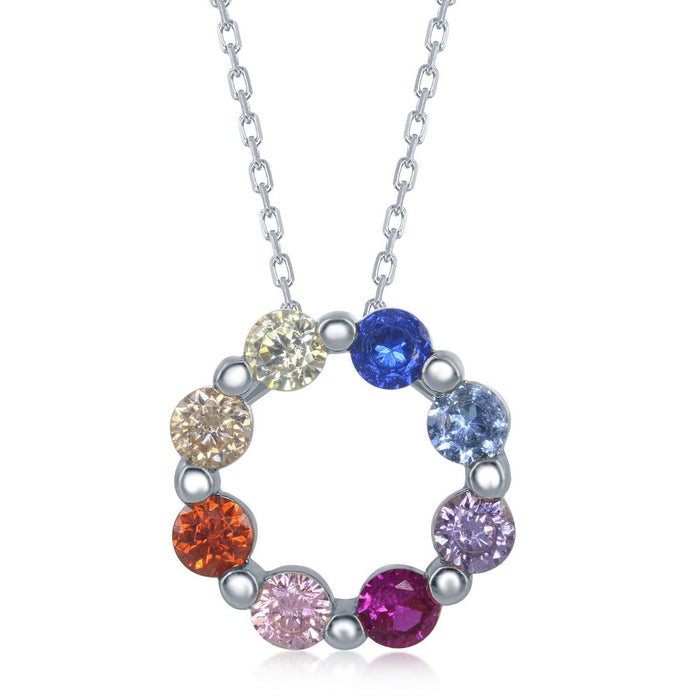 Sterling Silver Rainbow CZ Circle Pendant with chain