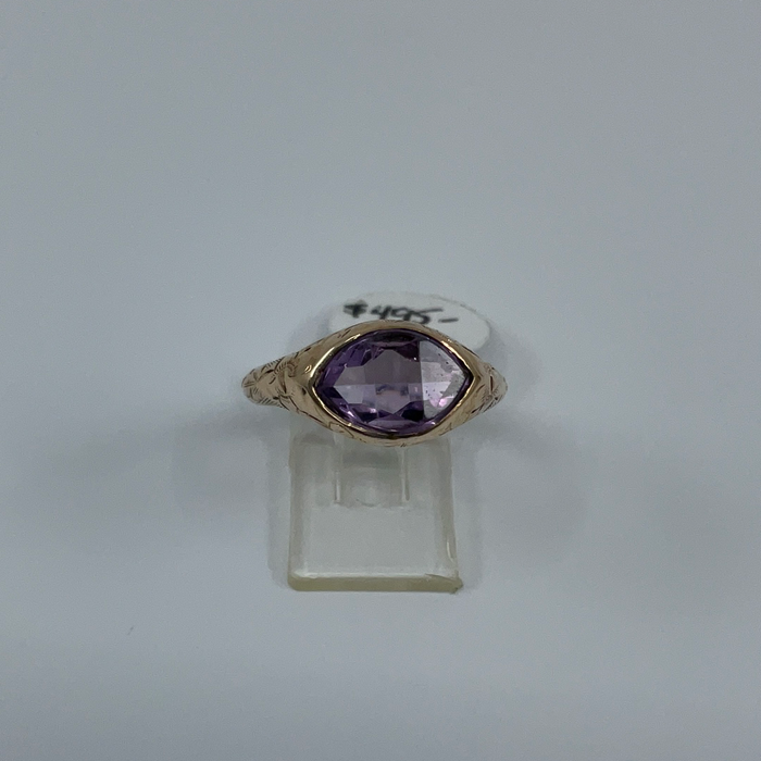 14kt Gold lens cut carved Amethyst ring