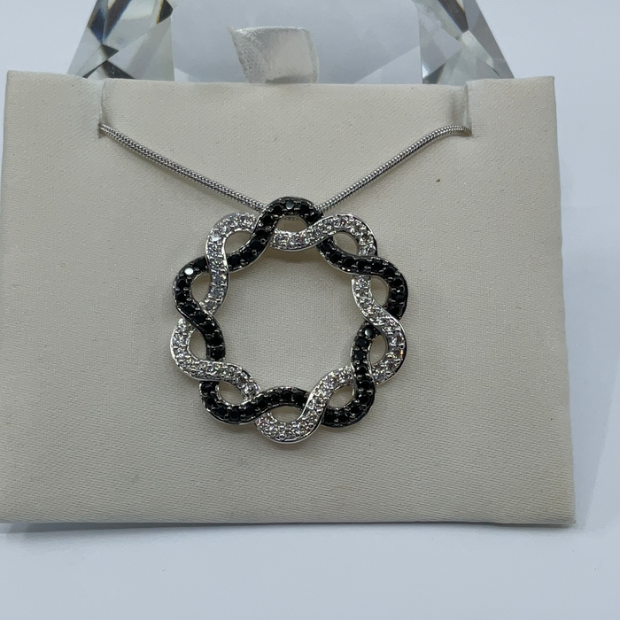 Interlocking Circle pendant with White and Black Micropave Cubic Zirconia & Rhodium Finish