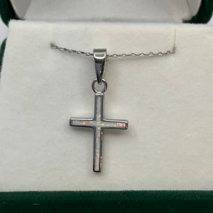 Sterling Silver White Inlay Opal Thin Cross Pendant