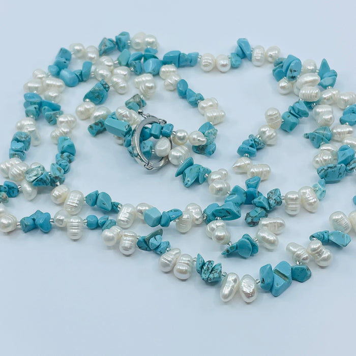 Sterling Silver 44” Turquoise and Pearl Necklace