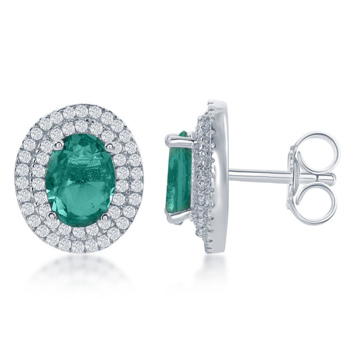 Sterling Silver Oval Simulated Emerald with CZ Border Earrings