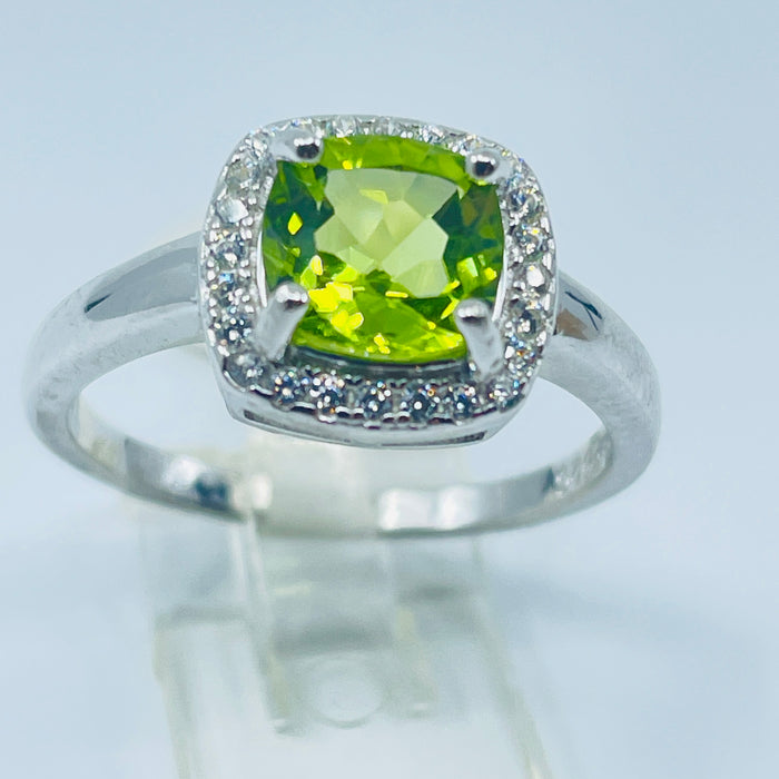 Sterling Silver Peridot Ring with a CZ halo, size 7