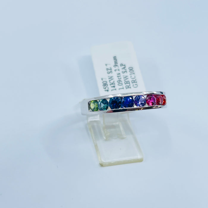 14kt White Gold channel set 2.9mm Rainbow Sapphire Ring