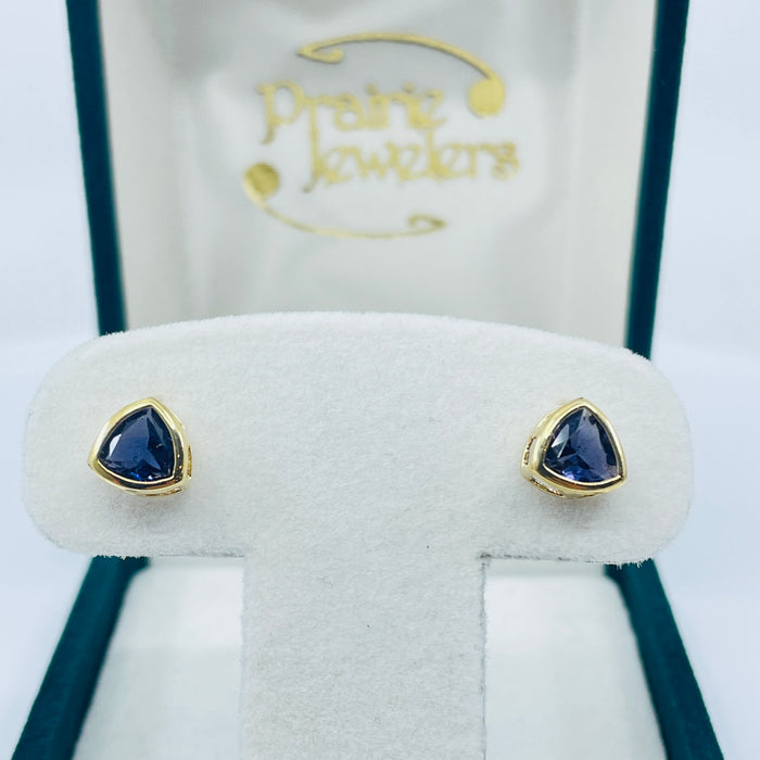 14kt Yellow Gold bezel set Iolite trillion earrings