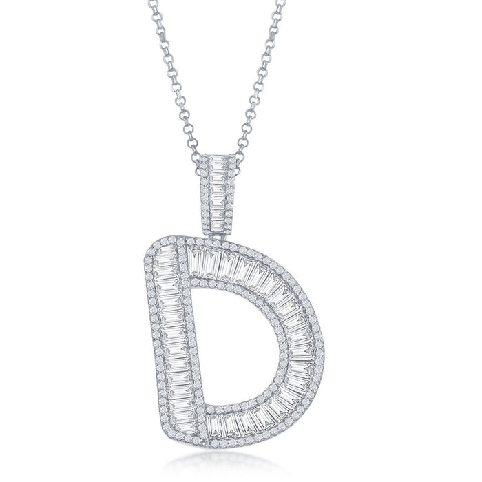 Sterling Silver Baguette CZ 'Extra Large' 'D' Initial Pendant W/Chain