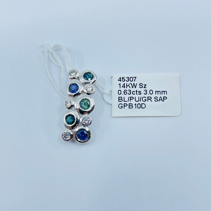 14kt White Gold bezel set Blue-Purple-Green Sapphire and Diamond Pendant