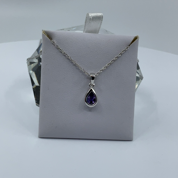 Rhodium finish February birthstone teardrop CZ pendant