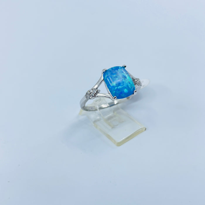 Sterling Silver ring with cushion cut Opal and CZ