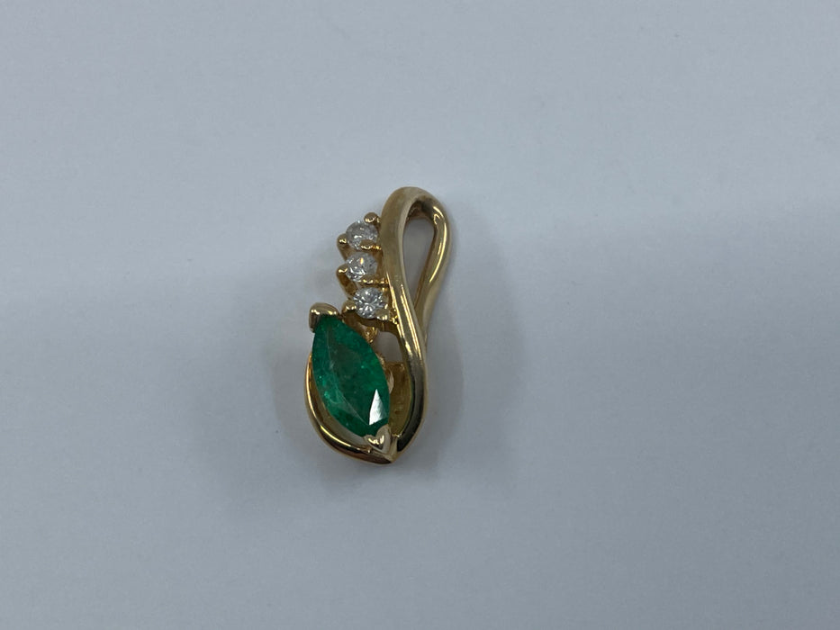 14kt Yellow Gold marquise shaped Emerald and diamond pendant