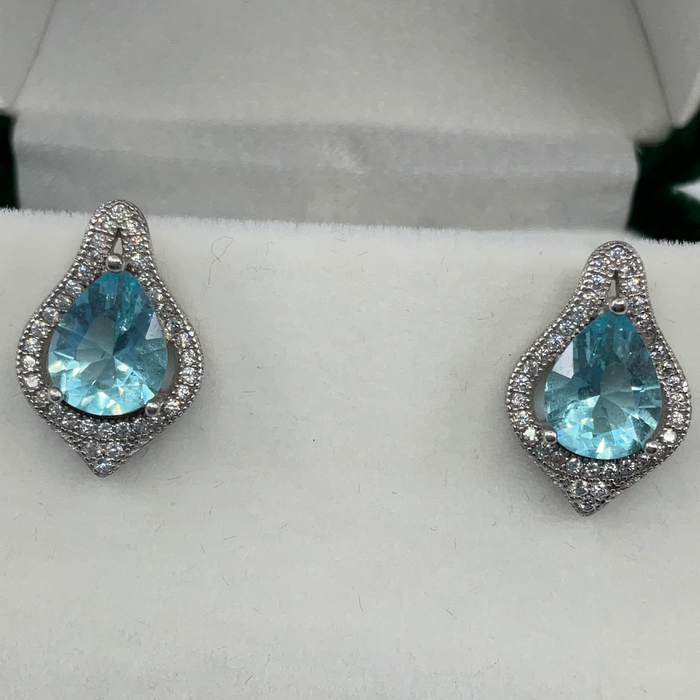 Sterling Silver Large Teardrop Simulated Blue Topaz with CZ Border Earrings