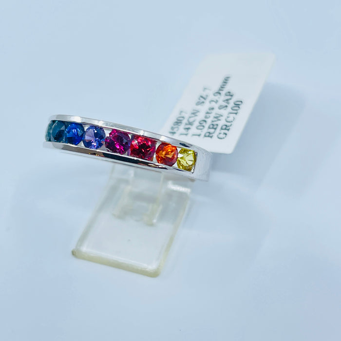 14kt White Gold channel set 2.9mm Rainbow Sapphire Ring